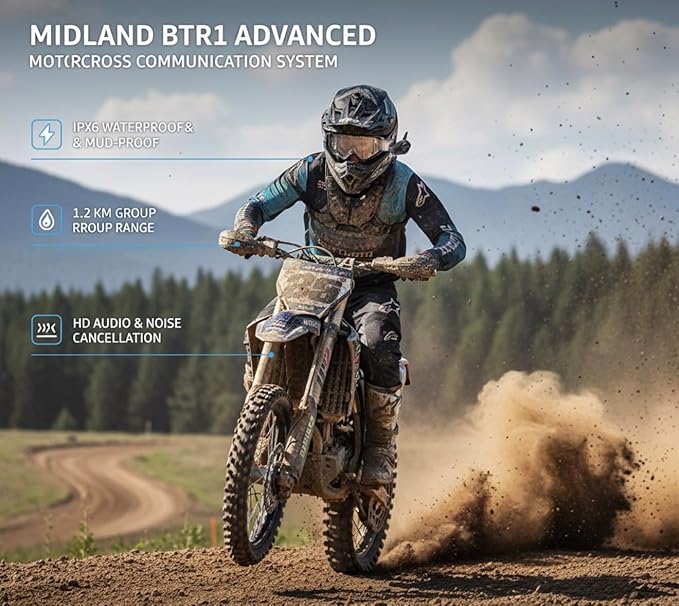 Midland BTR1 Advanced Motorcycle Bluetooth Headset – 4-Rider Intercom System with Wired and Boom Mic, RCF HD Sound, Music Sharing, DNK Noise Cancellation, FM Radio, IPX6 Waterproof (1 Pack, Black)