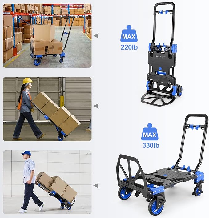 2-in-1 Folding Hand Truck Dolly 330LB Load Carrying, Hand Truck Foldable Dolly with Retractable Handle and 4 Rubber Wheels, Portable Folding Hand Cart for Moving/Travel/Office(Blue)