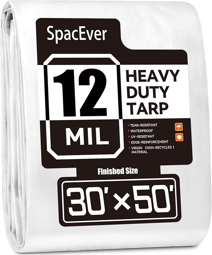 Tarp Heavy Duty 30x50 FT, 12 Mil Thick Large Tarps Water-Proof with Grommets, UV& Tear Resistant, Plastic Cover for Pool Roof Tent Outdoor Firewood, White
