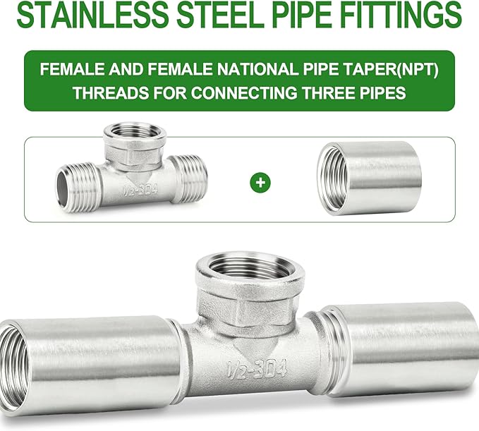 TAISHER 5PCS 304 Stainless Steel Tee Pipe Fittings, 1/2"" NPT Male x 1/2"" NPT Female x 1/2"" NPT Male Pipe Fittings, Female Branch Tee, Silver