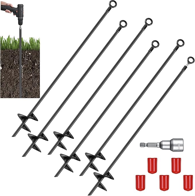 Lasnten 30 Inch Heavy Duty Ground Anchor Spiral Blade Earth Anchor Kit Metal Anchor Hook Beach Sand Stakes Camping for Securing Animals, Shelters, Tents, Canopies(Black,6 Pcs)