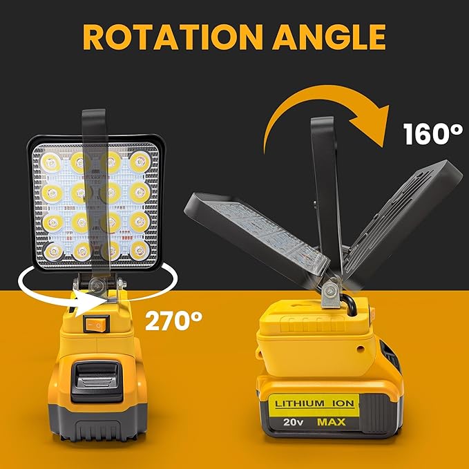 2pcs Cordless Work Light Compatible with DEWALT 20V Battery.48W 3800LM Wide Beam Flood Light with Two USB Charging Port Flashlight for Emergency,Workshop,Garage.(No Battery)