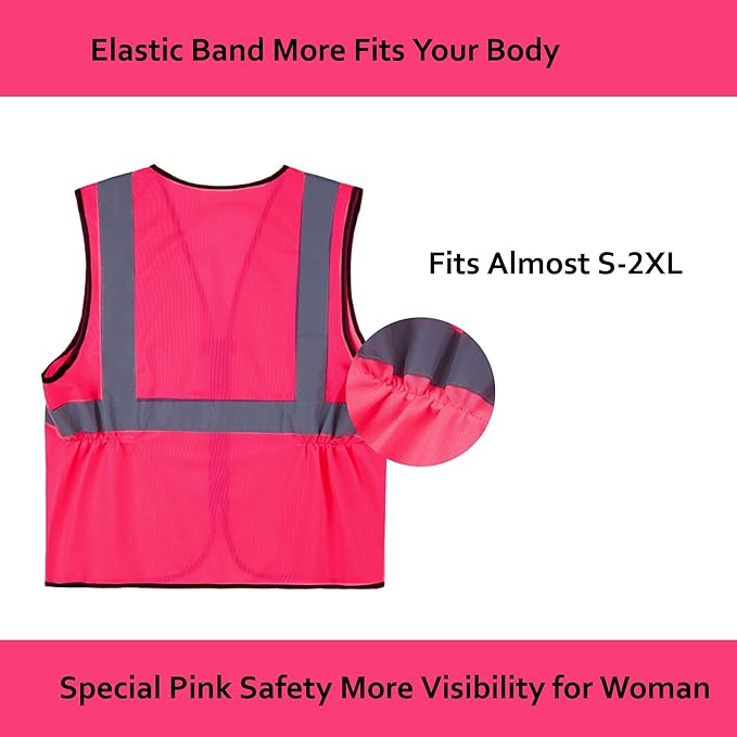 Pink Safety Vests 10 Pack - Reflective High Visibility Construction ANSI Class 2 Work Vests for Men,Woman with Zipper,Hi Vis Mesh and Neon Silver