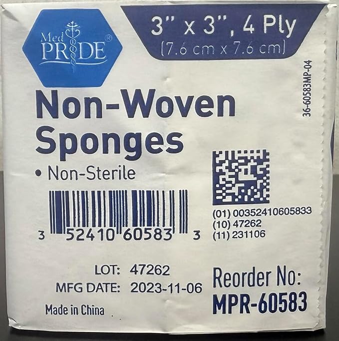 MED PRIDE 3x3 in Gauze Pads 200 Pack, Nonsterile, 4 Ply, Nonadherent Mesh Bandages, Absorbent Wound Care Dressing Sponges