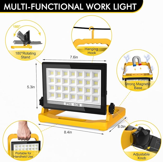 60W 6000LM LED Work Light with Stand, 13ft Cord & Magnetic Base, IP66 Waterproof Portable Flood Light, 3 Modes with Memory, Hook for Workshop, Construction, Outdoor