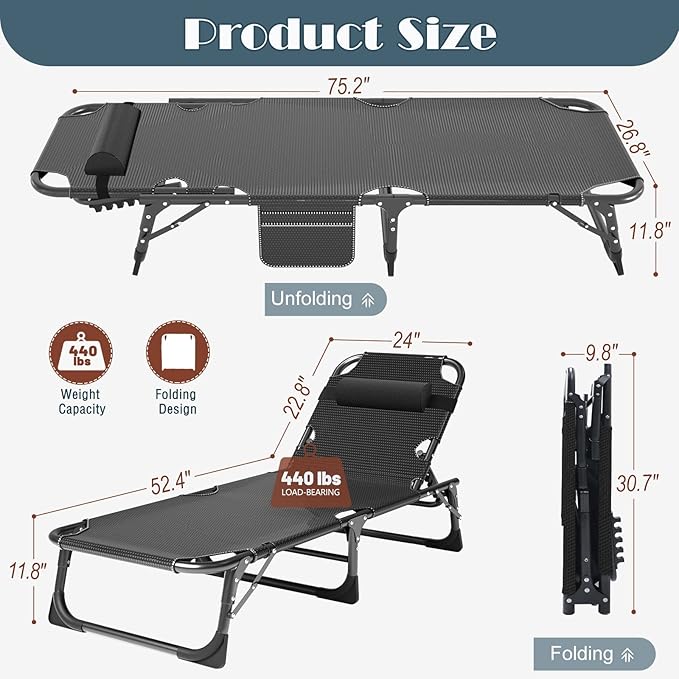 ABORON Patio Lounge Chair, Folding Guest Bed Cot for Adults, 500LB Heavy-Duty Capacity, Portable Extra Bed with Comfort Mat, Quick Fold Design for Indoor Guest Stays & Temporary Use