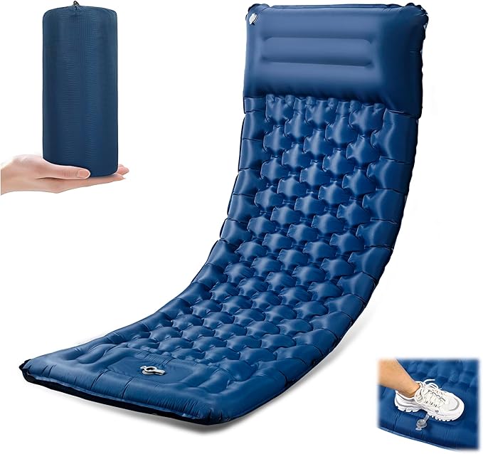 Sleeping Pad, 4.7" Extra-Thick & Ultralight Inflatable Camping Mat with Pillow, Built-in Foot Pump, Compact for Backpacking, Camping, Hiking, Travel — Navy Blue