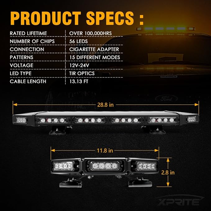 Xprite 27" Amber LED Emergency Rooftop Strobe Light Bar, Magnetic-Mounted Strobe Lights for Trucks, High-Intensity Warning Beacon for Tow, Construction, Snowplow, Patrol Vehicles