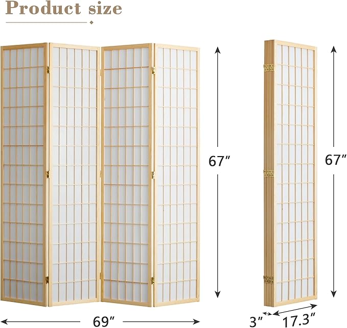 WelFurGeer 4 Panel Room Divider, Folding Privacy Shoji Screens, Room Partitions and Dividers, Decorative Room Dividers, Wall Dividers for Room Separation, Japanese Wood Room Divider for Home (Natural)