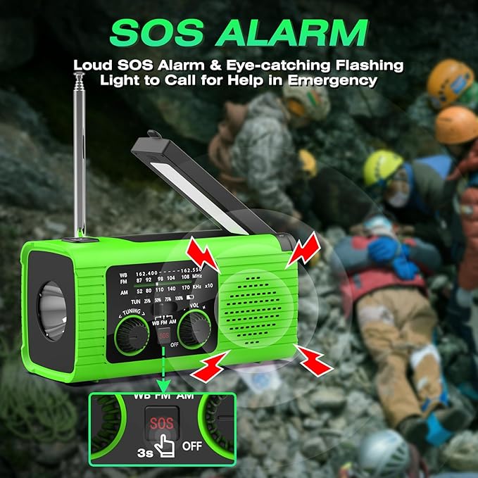 Radios for Emergency, Multifunction Solar Charger Hand Crank NOAA Weather AM/FM Radio 4000mAh with USB Charged, Reading Lamp, Flashlight, SOS Alarm, Headphone Jack for Camping Emergencies
