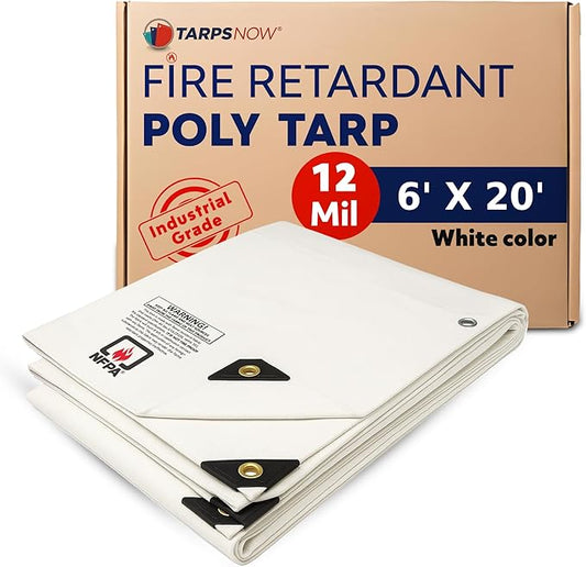 Tarps Now 6x20 Feet Fire Retardant Poly Tarp |12 MIL Heavy Duty Waterproof Cover |Rip and Tear Proof Plastic Tarp with Rustproof Aluminum Grommets & Reinforced Edges |Ideal for Camping - White