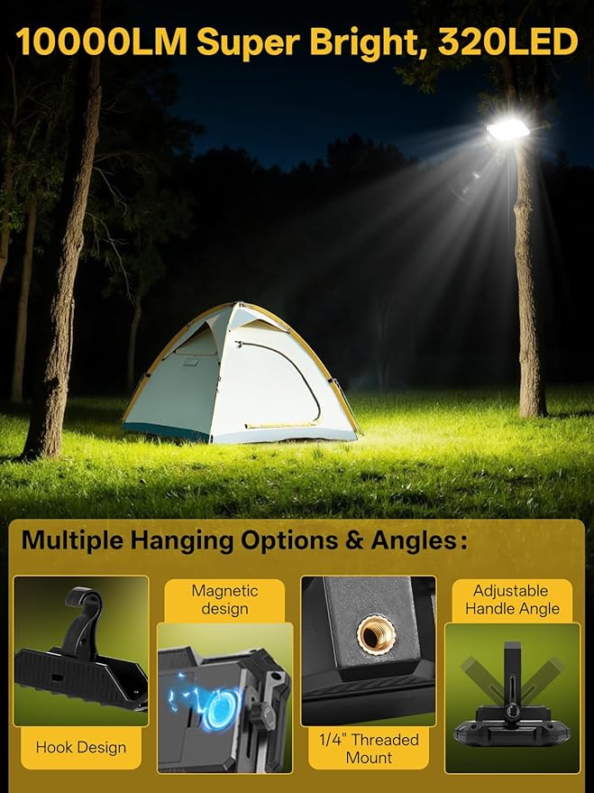 LED Work Light Rechargeable Outdoor, 12000mAh Work Flood Light 10000LM with 4 Light Modes as Power Bank for Camp Essentials, IP65 Waterproof Emergency Lantern for Tent, Power Outages, Car Repair