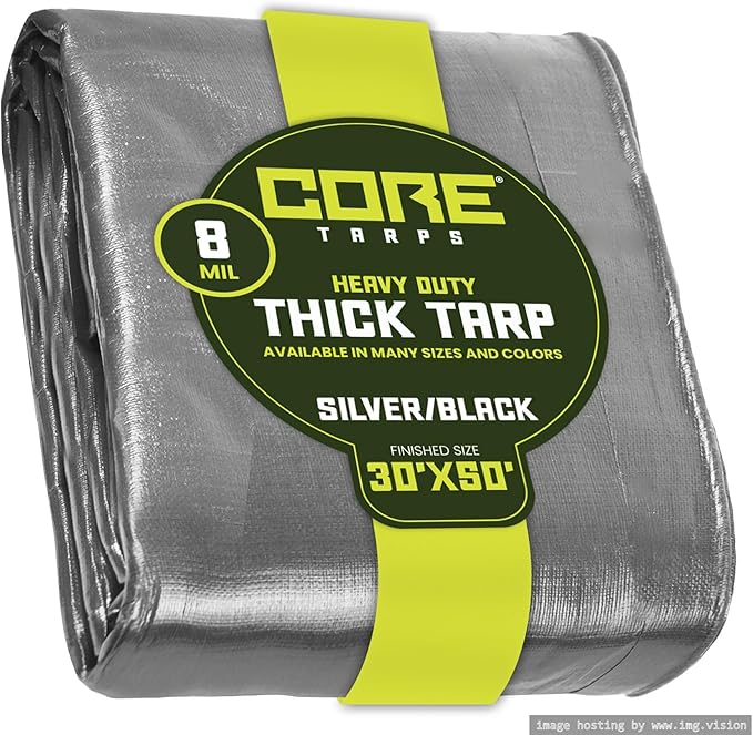 Core Tarps Heavy Duty 8 Mil Tarp Cover, Waterproof, UV Resistant, Rip and Tear Proof, Poly Tarpaulin with Reinforced Edges for Roof, Camping, Patio, Pool, Boat. (Silver/Black 30′ X 50′)