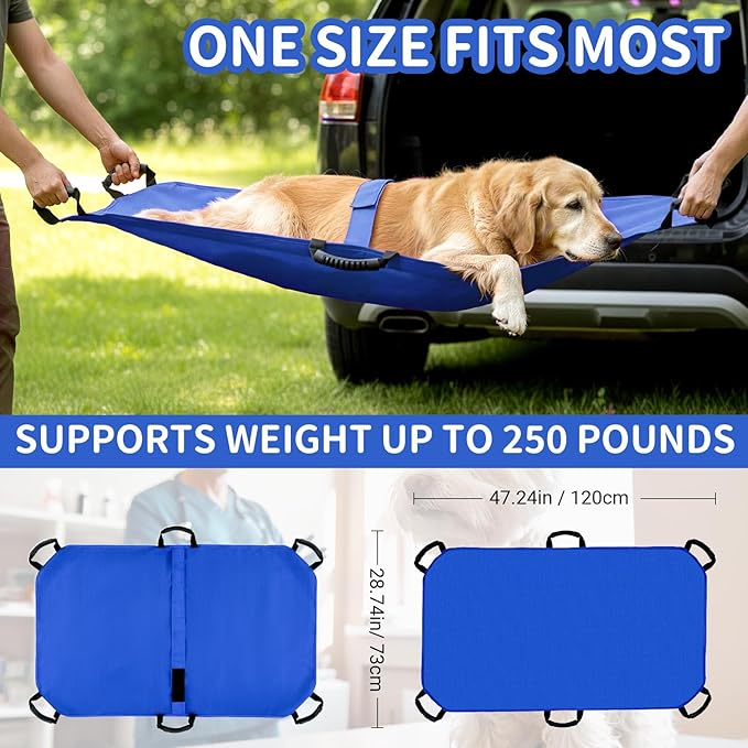 Geiserailie Blue Transport Stretcher for Large Dogs with 6 Handles 47" L x 29" W Animal Folding Emergency Transport Carrier with Safety Strap, Max 250lbs