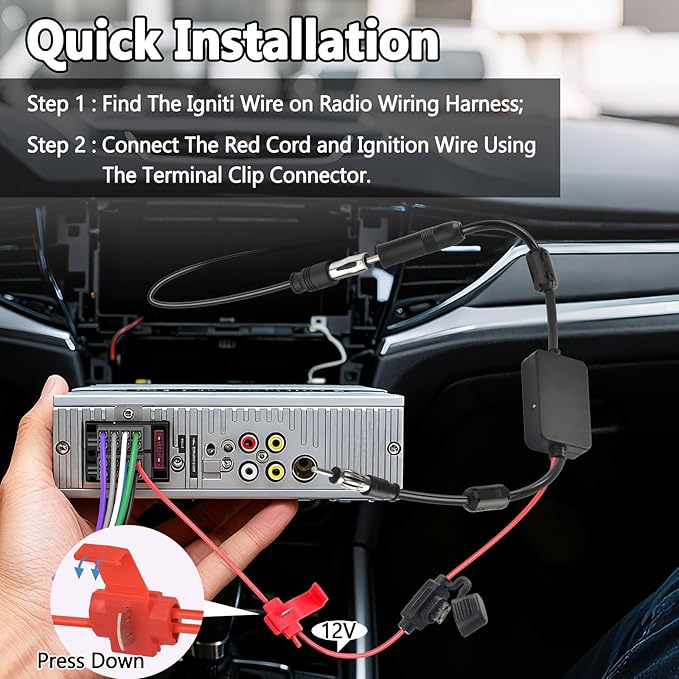 Universal Car Antenna Booster 12V Vehicle Stereo FM AM Radio Antenna Signal Booster Amplifier for Car Truck SUV Marine Boat UTV RV Audio Radio Stereo Media Head Unit Receiver