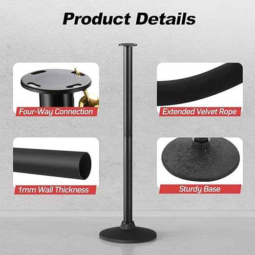 BATTIFE Plastic Stanchion Posts with Black Velvet Ropes and Weighted Rubber-Plastic Base, Crowd Control and Queue Management Barrier Poles for Party, Event, Red Carpet (2 Pack)