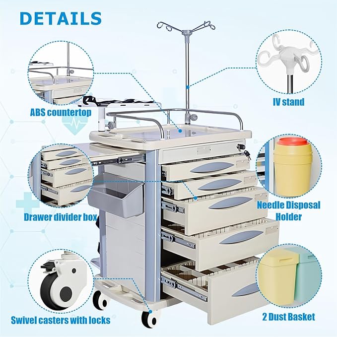 Emergency Crash Cart with Accessories IV Pole, Cardiac Board, O2 Holder, Mobile Cart, Trash Can, Drawer for Clinic,Nursing Center, 30" L x 19" W x 38" H (Grey)