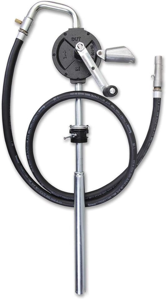 Groz 44082 Industrial Rotary Fuel Pump, with Steel Discharge Spout, Vacuum Breaker and 8' Discharge Hose