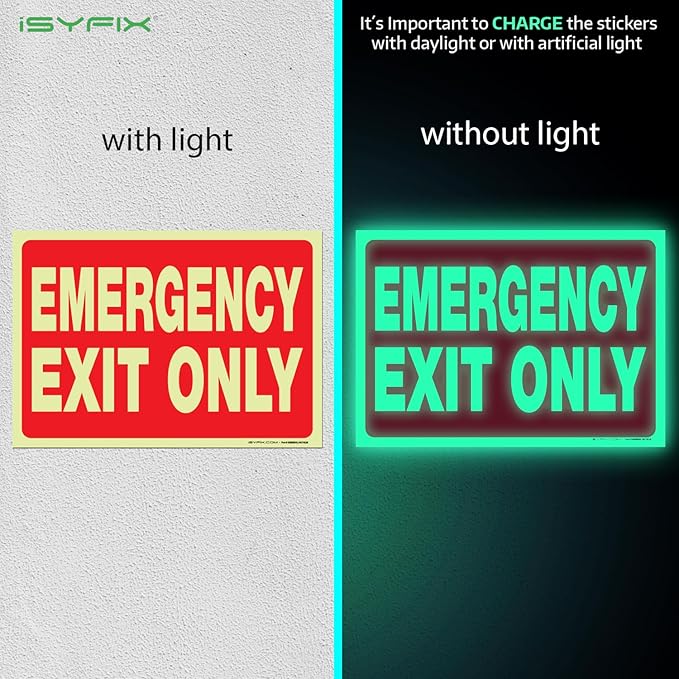 iSYFIX Emergency Exit Only Glow in the Dark Sign Stickers – 6 Pack 10x7 Inch – Photoluminescent Vinyl, Laminated for UV, Weather & Fade Resistance, for Business, School, Office, Warehouse