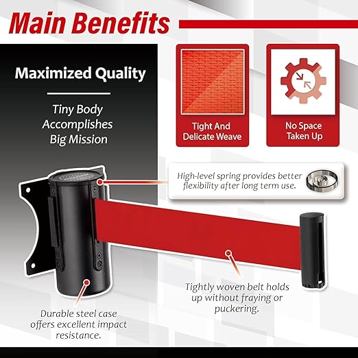 DuraSteel Wall Mount Crowd Control Retractable Belt Barrier - 9.2 Ft Red Retractables Barrier Belt, Crowd Control Barriers Do Not Enter Line Dividers for Crowds NOT Stanchions with Retractable Belts
