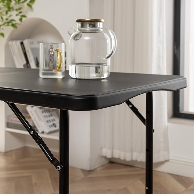 BTEXPERT Set of 2, Fold-in-Half Folding Utility Table 4Feet Lightweight Height Adjustable Portable Carrying Handle Indoor Outdoor Picnic Camping Office Home Party Easy to Clean Store Care Black