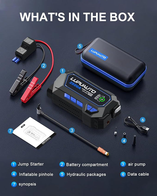 2500A Jump Starter with Air Compressor, Battery Booster 150 PSI Cordless Tire Inflator, 12V Supersafe Jump Box, Portable Car Chargers & Jump Starter for up to 7.5-Liter Gas and 5.0-Liter Diesel