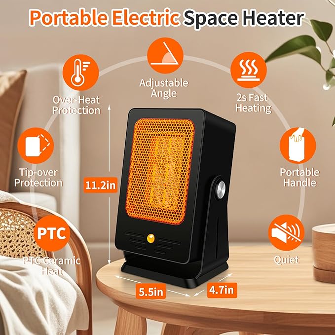 Space Heaters for Indoor Use,Desktop Small PTC Heater with 2s Fast Heating,Tip-Over&Overheat Protection,30°Adjustable Angle Portable Personal Electric Heater for Office,Bedroom,Garage,Dorm