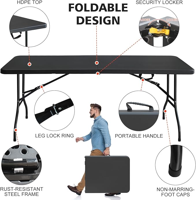 Portable 6Ft Plastic Folding Table, Heavy Duty 6ft Fold-in-Half Table with Carrying Handle, 6' Folding Utility Foldable Table for Picnic Party Camping Kitchen, Indoor/Outdoor (Black)