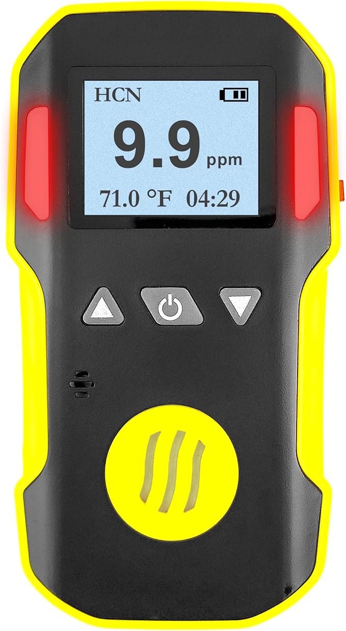 Hydrogen Cyanide Gas Detector (HCN) | USA NIST Calibration & Certificate | USB Recharge | Sound, Light and Vibration Alarms | 0-50ppm HCN |
