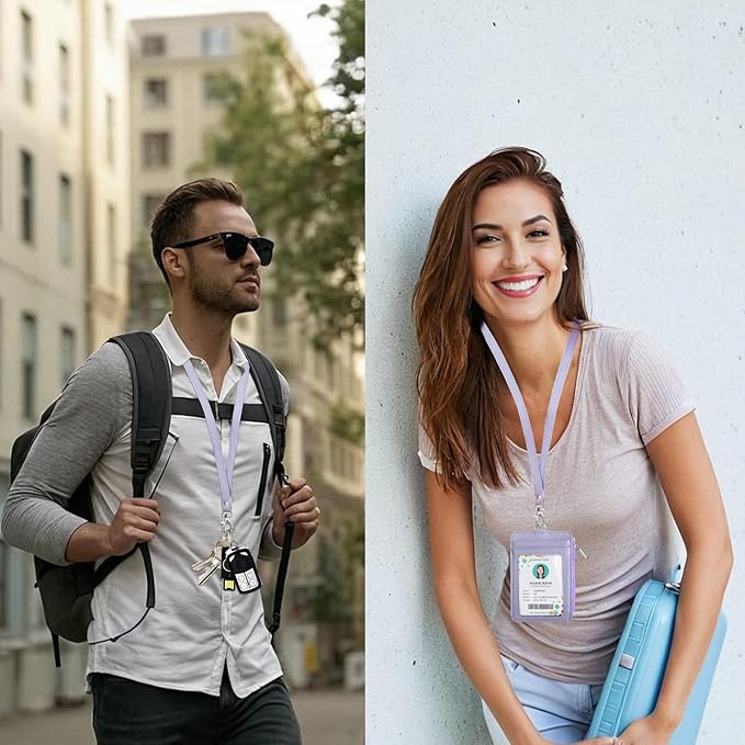 bolimoss 2-in-1 ID Badge Holder & Lanyard Wallet for Women Teacher, Multiple Card Slots PU Leather ID Badge Wallet Case with Detachable Neck Lanyard 1 ID Window, 4 Card Slots, 1 Side Zipper Pocket