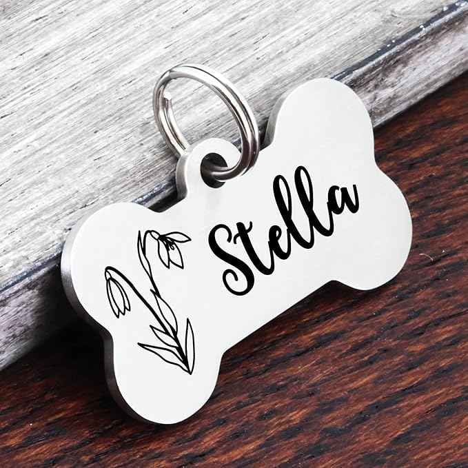 Ultra Joys Personalized Dog Tags for Pets - Durable Stainless Steel Customizable Dog Cat ID Tags - Dog Tags for Safety Optional Engraved on Both Sides -Birth Flower Dog Tag Small, Silver
