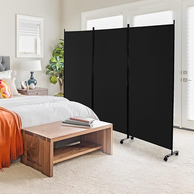GOFLAME 3 Panel Folding Room Divider, 6FT Rolling Privacy Screen with Lockable Wheels, Portable Room Partition Screen, Freestanding Wall Divider and Separator for Home Office, Black