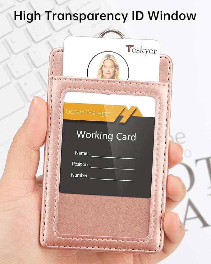 Teskyer Lanyards for ID Badges, Leather ID Badge Holder for Work School IDs, Cruise Ship Cards, Hotel Key Cards, Pass Cards - Rose Gold