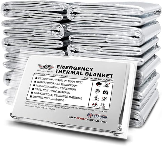 EVERLIT Survival Emergency Mylar Thermal Blankets -Space Blanket Survival kit Camping Blanket Perfect for First Aid Kit, Outdoors,Hiking,Survival,Bug Out Bag,Marathons (Silver, 12 Pack)