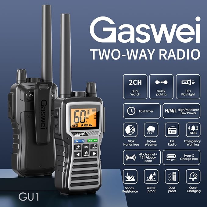 GU1 Long Range Rechargeable Two Way Radios for Adults, GMRS Walkie Talkies with NOAA Weather Alert & Flashlight, 60 Channels, VOX, FM Radio, for Job Site, Construction, Hiking, Camping