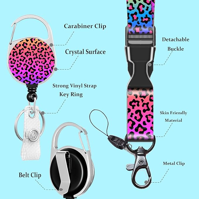 Rainbow Leopard Print Badge Holder Lanyard ID Card Holders Detachable Name Tag Clips Cute Funny Nurse Teacher Office Gifts Women Man Cate Badge Holder (Leopard Print)