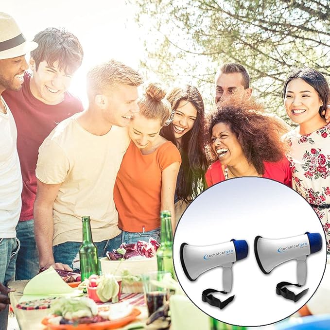Technical Pro Megaphone 20 Watts Speaker PA with Up to 800 Yard Range for Use at Sports Events Camps Cheer Leading Coaches and Safety Drills - Features Adjustable Volume and Siren (2 Pack)