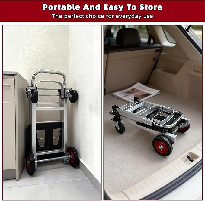 Aluminum 3 in 1 Folding Hand Truck, 400Lbs Capacity, Heavy Duty Collapsible Cart with Retractable Handle and 4 Rubber Wheels, 2 Safety Straps, Moving Dolly for Moving Home, Office, Shopping, Warehouse