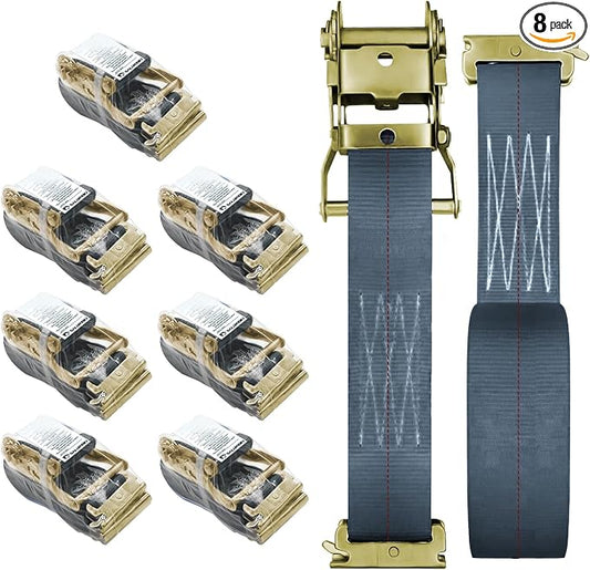 8Pack E-Track Straps Ratchet Etrack Strap Box Truck Strap Tie Down Heavy Duty 2" x15' 4400lbs Breaking Load, 2200 Working Load E-Track Accessories Black