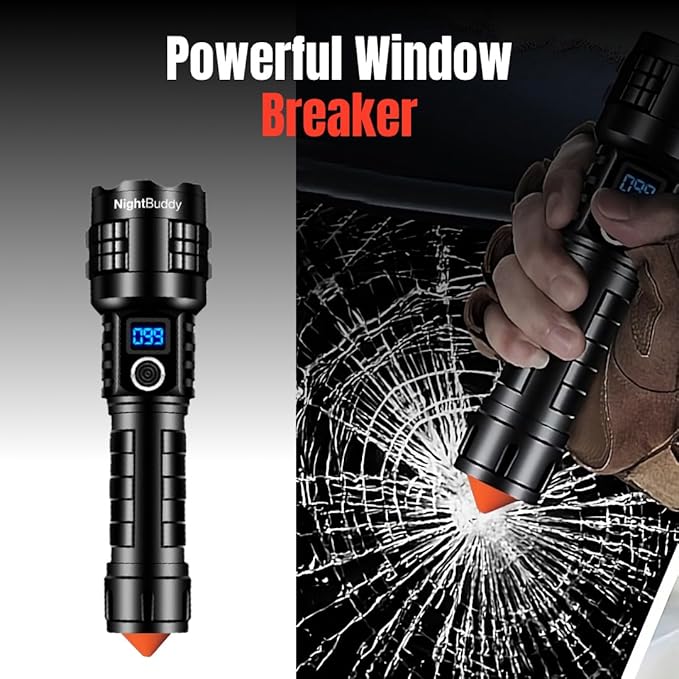 NightBuddy Powerful Rechargeable Tactical LED Flashlight 5000 High Lumens for Home Camping or Survival with Emergency Window Breaker 5 Light Modes IPX7 Waterproof Adjustable Focus USB Output
