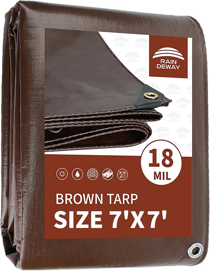 RAINDEWAY 7x7 Feet Super Heavy Duty Tarp 18 Mil,UV Resistant, Weatherproof, Multipurpose Waterproof Poly Tarp Cover with Grommets and Reinforced Edges,Brown Tarps