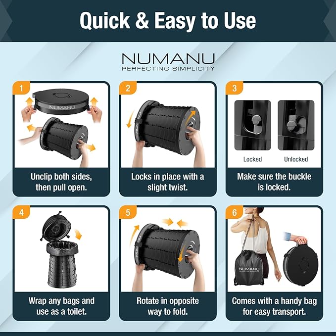 NUMANU 19.7" XXL 3IN1 Portable Toilet, Stool, Trash Can | Adjustable Height Portable Potty, Foldable Travel Toilet with Lid & Waste Bags, Outdoor Travel Potty, Pop Up Camping Toilet for Adults & Kids