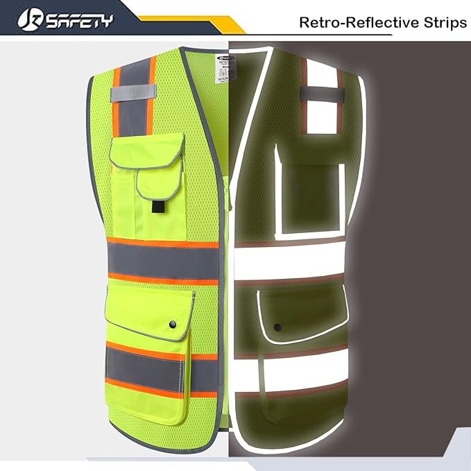 JKSafety 9 Pockets Hi-Vis Neon Yellow Zipper Front MESH Safety Vest with Fluorescent Orange Extend Edge outlining the Reflective Tapes Meet ANSI/ISEA Class 2 Standard (100-Yellow, 5XL)