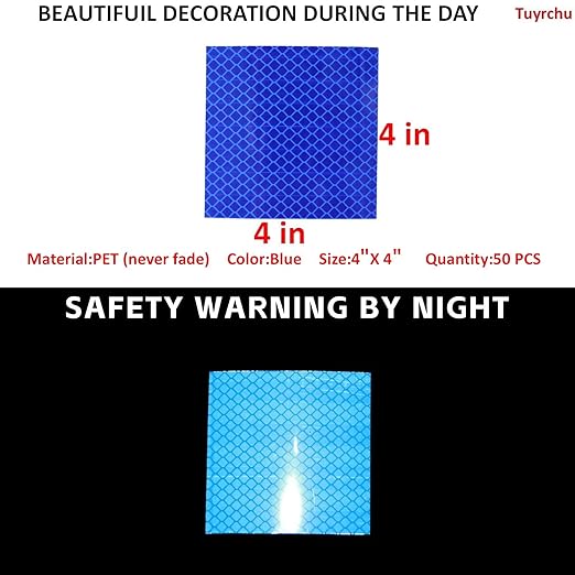 Non Fading Blue Reflective Stickers 4 inch X 4 inch, Outdoor Waterproof High Visibility Warning Safety Adhesive Reflector Tape (50 Pcs)