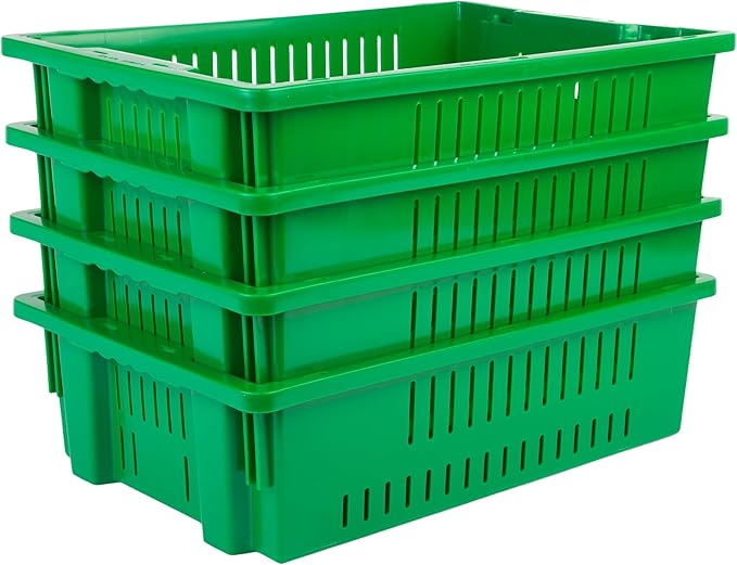 Hudson Exchange 20 x 13 x 5.6" (4.5 Gallon) Agricultural Nest and Stack Vented Crate Handled Storage Container Tote, Green (4 Pack)