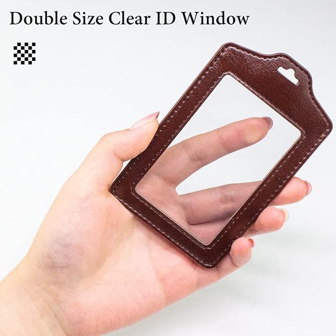 Teskyer 2 Pack of Double Sided Clear Badge Holder with Lanyard, PU Leather ID Badge Name Card Holder with Stainless Steel J-Hook Nylon Lanyard for Work ID, School ID, Metro Card, Access Card, Brown