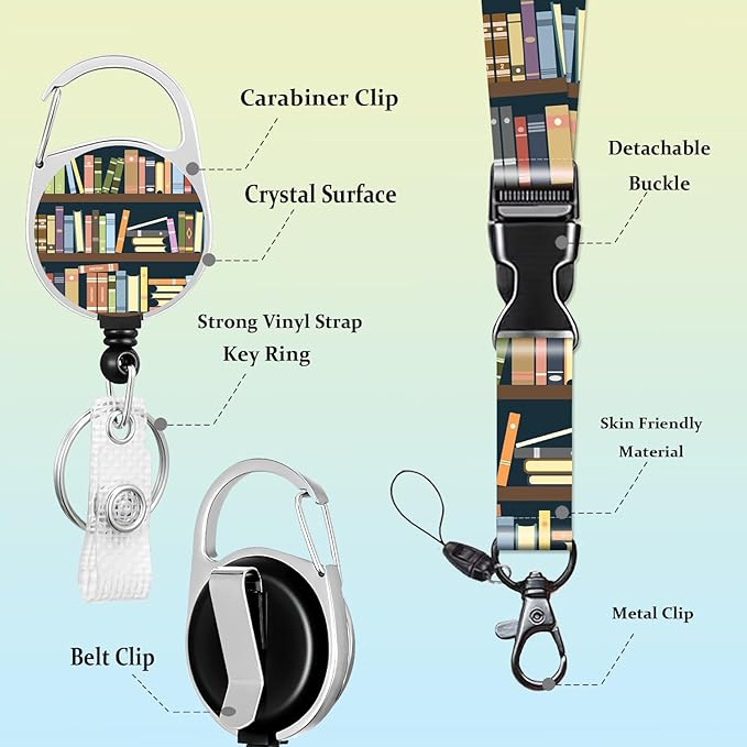 Book Badge Holder Lanyard ID Card Holders Detachable Name Tag Clips Cute Funny Teacher Office Gifts Women Man Cate Badge Holder Teacher Lanyard with id Holder