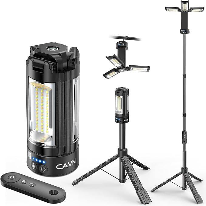 CAVN Rechargeable Camping Lights with Remote & Detachable Tripod Max Height 6.7 ft, Portable Work Light with 3 LED Lamp Heads, Camping Essentials Gear Emergency Flashlight with Hook, Black