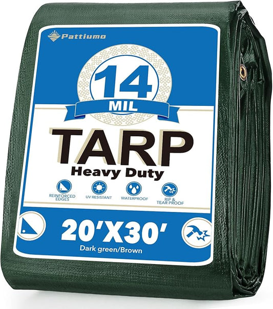 Tarp Waterproof 20 X 30 FT 14 Mil Heavy Duty Tarp Multipurpose Tarps Heavy Duty Waterproof Protective Cover UV All Weather Resistant for Shelter Camping, Green/Brown