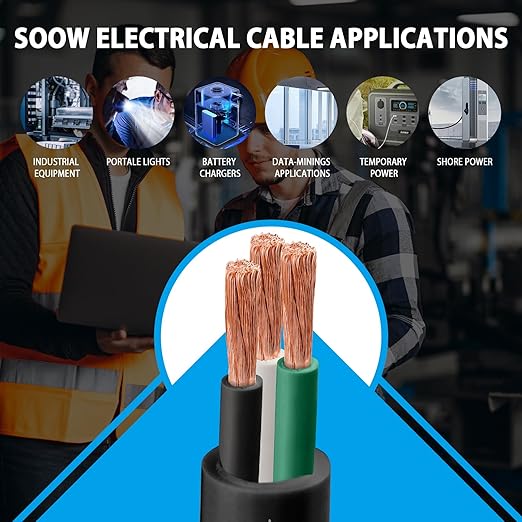 25ft 6/3 6 AWG Portable Power Cable (3 Conductor) - SOOW 600V 6 Gauge Electric Wire for Motor Leads, Portable Lights, Battery Chargers and Machinery - 3 Conductor - 25 Feet Electrical Cord